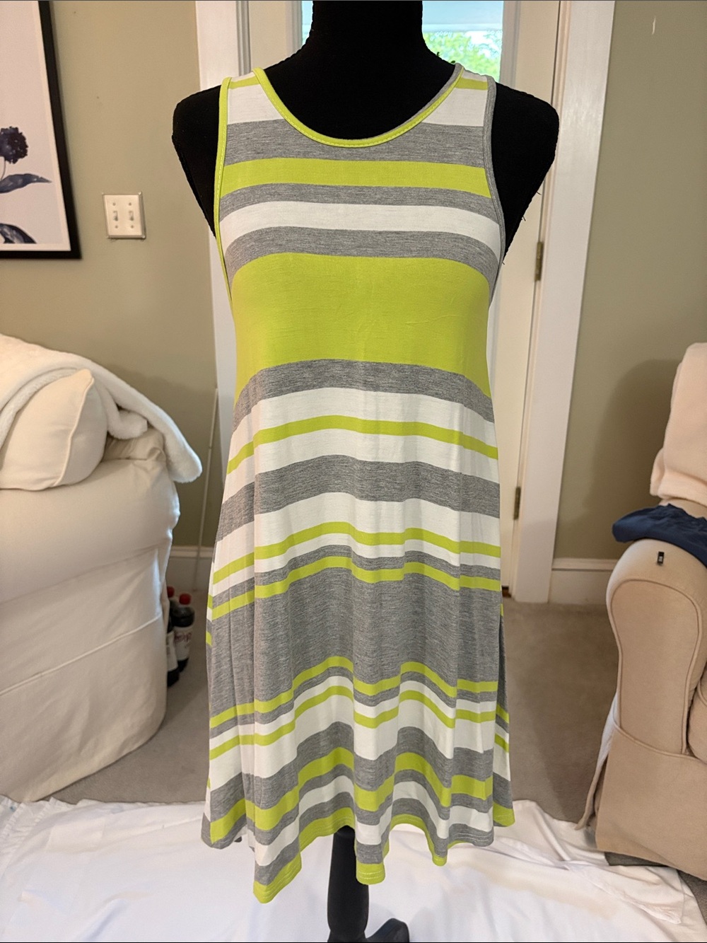 Say What? Lime, Gray & White Striped Tank Swing Dress